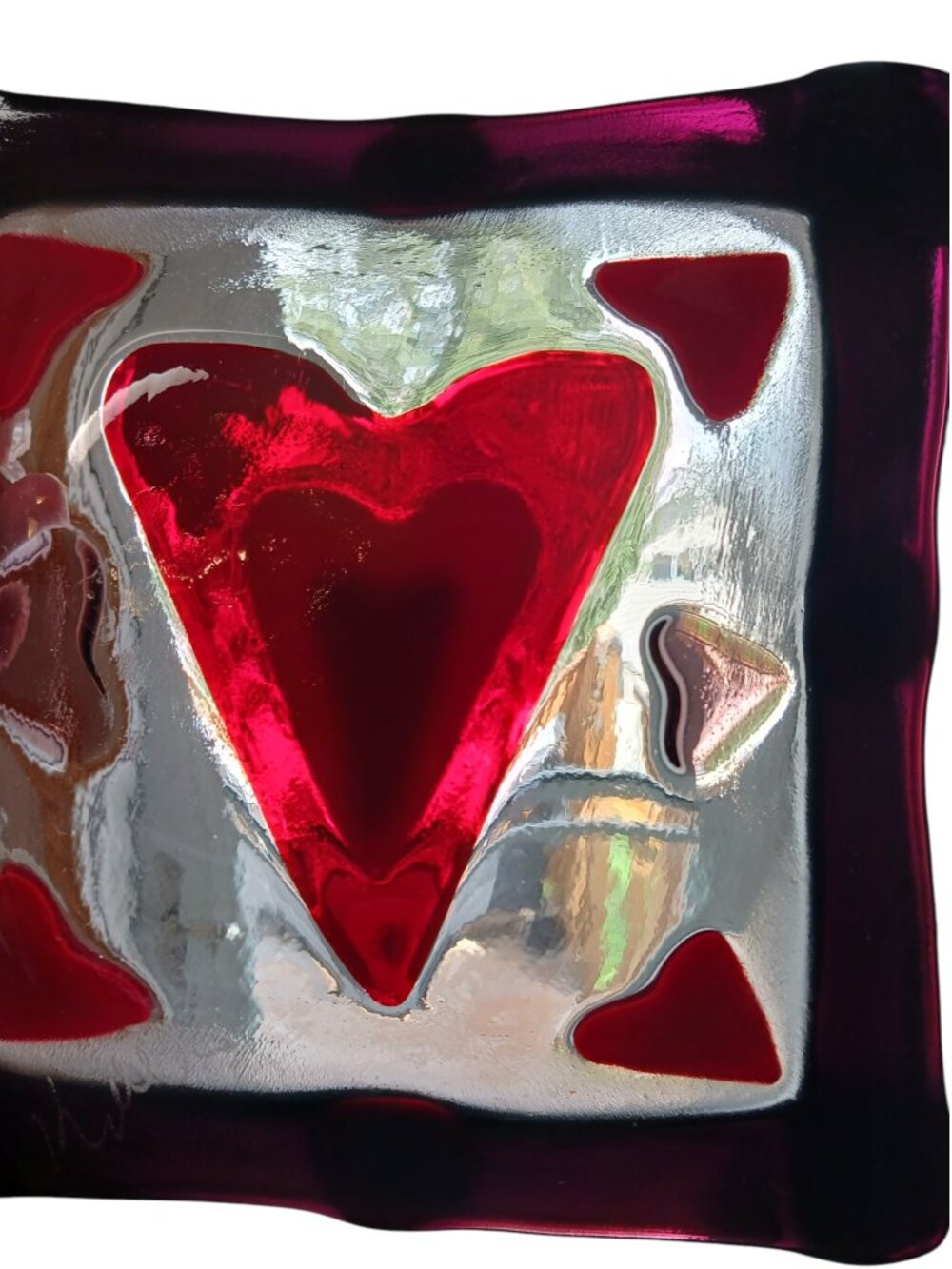 2008 Signed "J. Mule" BC Fused Glass Heart Dish 8" Canadian Folk Art - Picture 6 of 11
